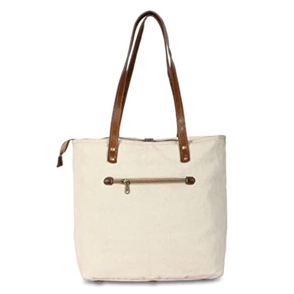 Upcycled Canvas Leather Tote Bag Boho Retro Shoulder Bag Spacious Travel - Picture 5 of 8